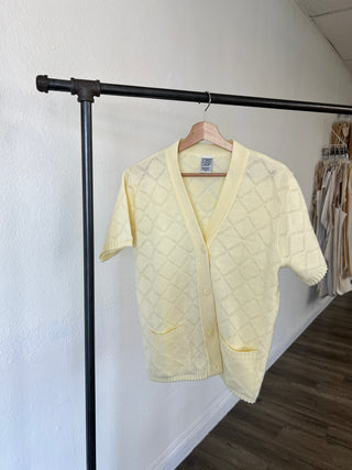 Size L Vintage Yellow Short Sleeve Knitted Cardigan - Sotela
